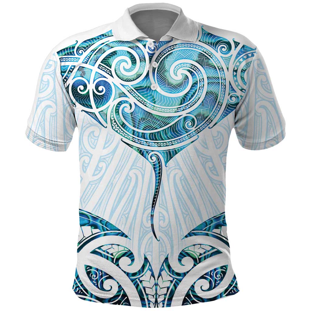 New Zealand Manta Ray Tattoo Polo Shirt Aotearoa Maori Haehae Paua Shell LT14 White - Polynesian Pride