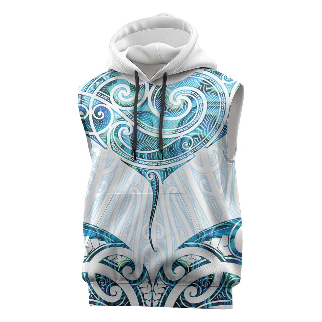 New Zealand Manta Ray Tattoo Sleeveless Hoodie Aotearoa Maori Haehae Paua Shell - Polynesian Pride
