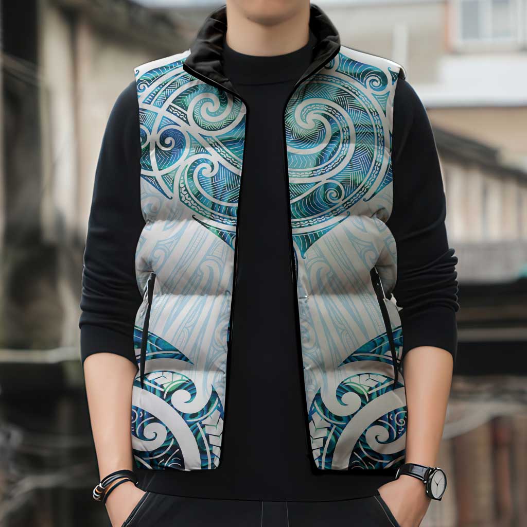 New Zealand Manta Ray Tattoo Sleeveless Puffer Jacket Aotearoa Maori Haehae Paua Shell - Polynesian Pride