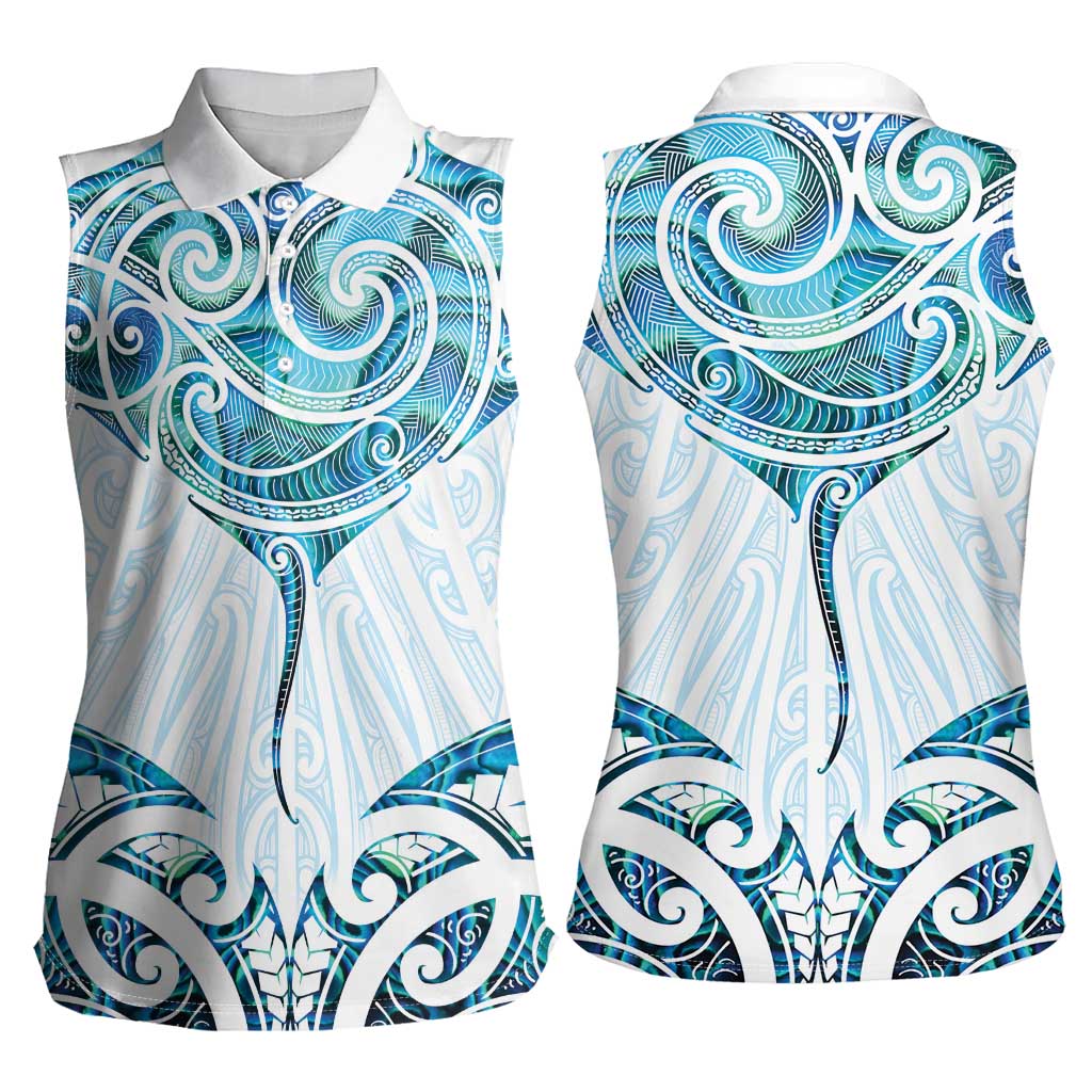 New Zealand Manta Ray Tattoo Women Sleeveless Polo Shirt Aotearoa Maori Haehae Paua Shell - Polynesian Pride
