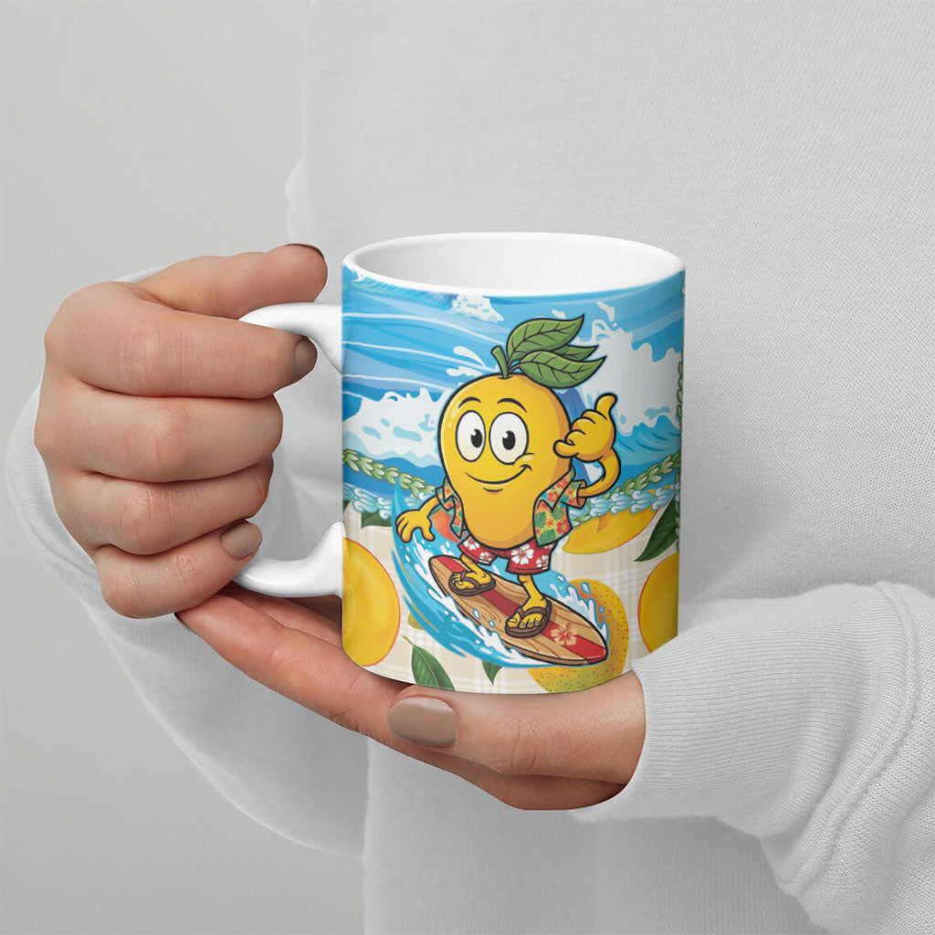 Aloha Hawaii Summer Ceramic Mug Hawaiian Lei Surfing Mango Palaka Motifs