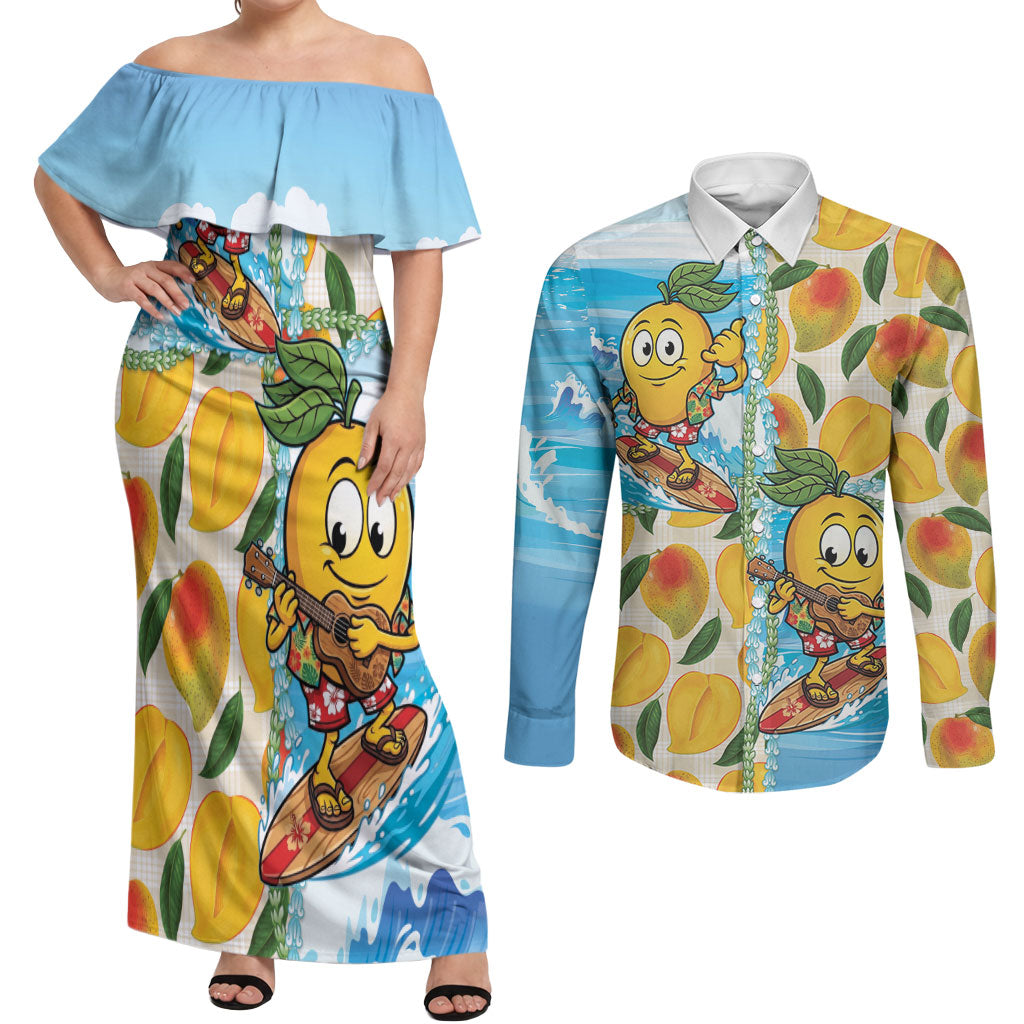 Aloha Hawaii Summer Couples Matching Off Shoulder Maxi Dress and Long Sleeve Button Shirt Hawaiian Lei Surfing Mango Palaka Motifs