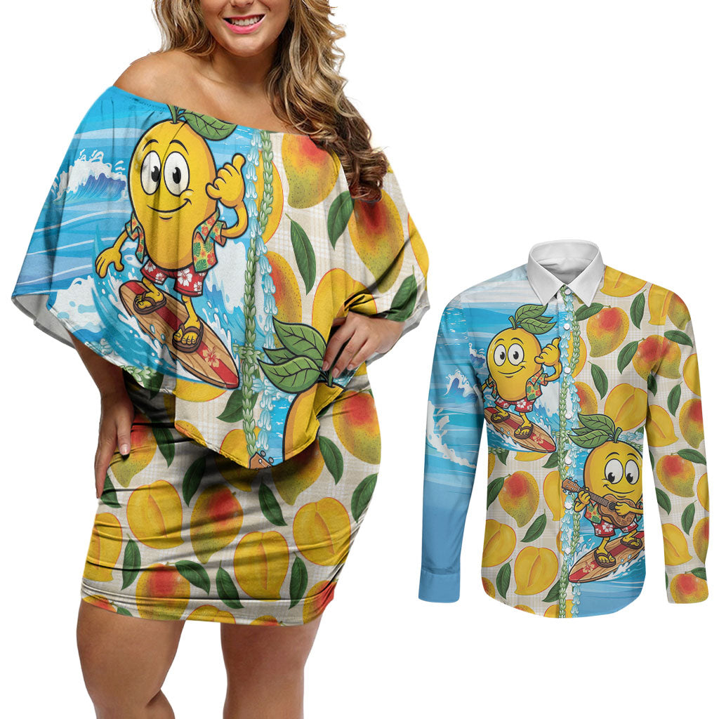Aloha Hawaii Summer Couples Matching Off Shoulder Short Dress and Long Sleeve Button Shirt Hawaiian Lei Surfing Mango Palaka Motifs