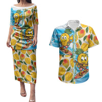 Aloha Hawaii Summer Couples Matching Puletasi and Hawaiian Shirt Hawaiian Lei Surfing Mango Palaka Motifs