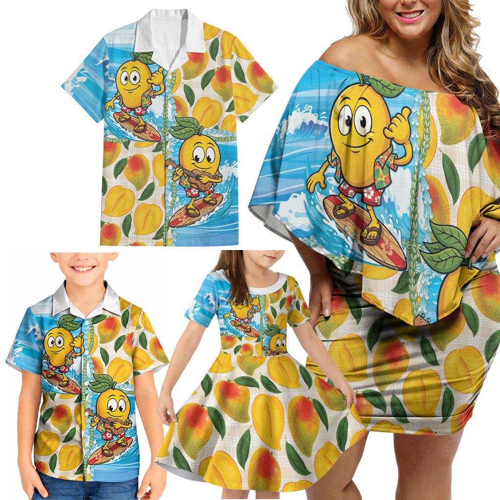 Aloha Hawaii Summer Family Matching Off Shoulder Short Dress and Hawaiian Shirt Hawaiian Lei Surfing Mango Palaka Motifs