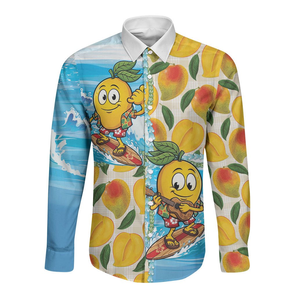 Aloha Hawaii Summer Long Sleeve Button Shirt Hawaiian Lei Surfing Mango Palaka Motifs