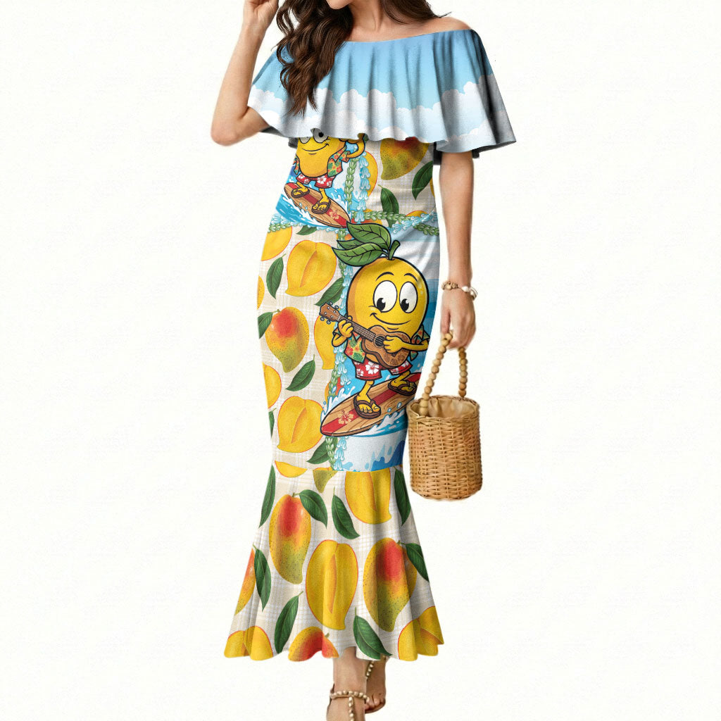 Aloha Hawaii Summer Mermaid Dress Hawaiian Lei Surfing Mango Palaka Motifs