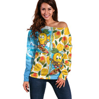 Aloha Hawaii Summer Off Shoulder Sweater Hawaiian Lei Surfing Mango Palaka Motifs