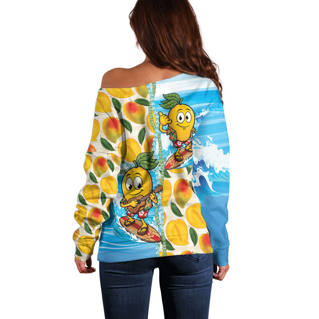 Aloha Hawaii Summer Off Shoulder Sweater Hawaiian Lei Surfing Mango Palaka Motifs