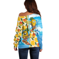 Aloha Hawaii Summer Off Shoulder Sweater Hawaiian Lei Surfing Mango Palaka Motifs