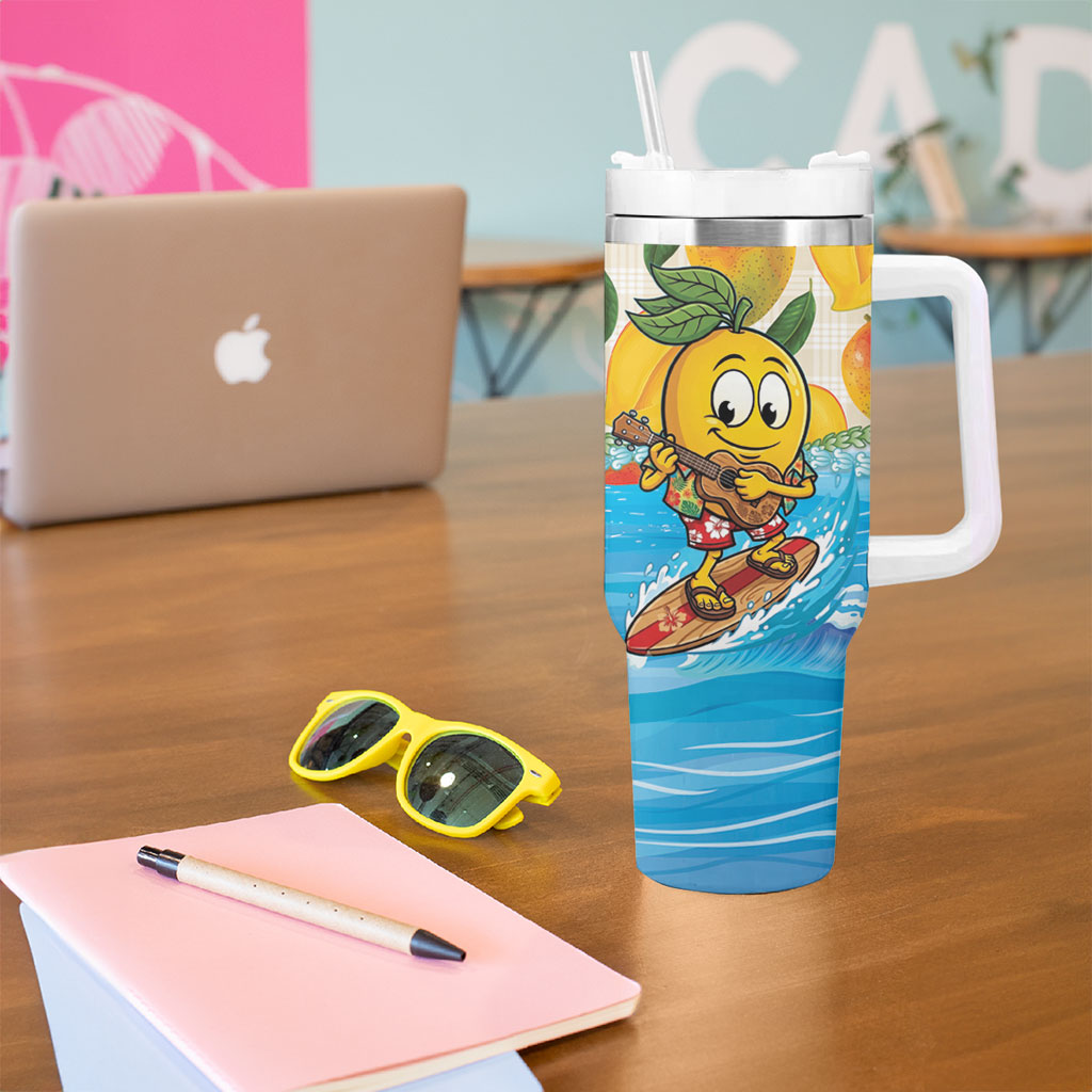 Aloha Hawaii Summer Tumbler With Handle Hawaiian Lei Surfing Mango Palaka Motifs