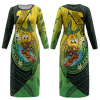 Hawaii Surfing Mango Couples Matching Long Sleeve Bodycon Dress and Long Sleeve Button Shirt Manako Polynesian Fish Hook