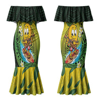 Hawaii Surfing Mango Couples Matching Mermaid Dress and Long Sleeve Button Shirt Manako Polynesian Fish Hook