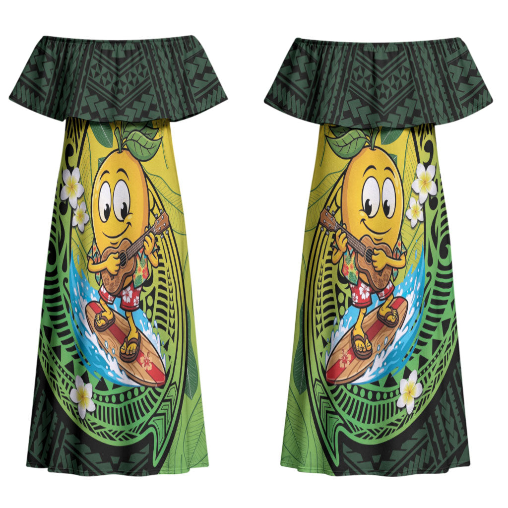Hawaii Surfing Mango Couples Matching Off Shoulder Maxi Dress and Long Sleeve Button Shirt Manako Polynesian Fish Hook