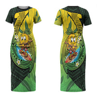 Hawaii Surfing Mango Couples Matching Short Sleeve Bodycon Dress and Hawaiian Shirt Manako Polynesian Fish Hook