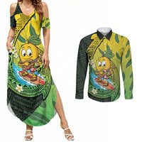 Hawaii Surfing Mango Couples Matching Summer Maxi Dress and Long Sleeve Button Shirt Manako Polynesian Fish Hook