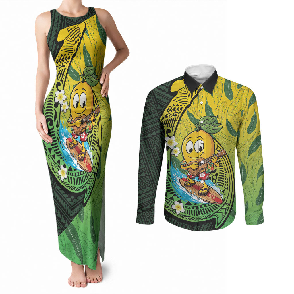 Hawaii Surfing Mango Couples Matching Tank Maxi Dress and Long Sleeve Button Shirt Manako Polynesian Fish Hook