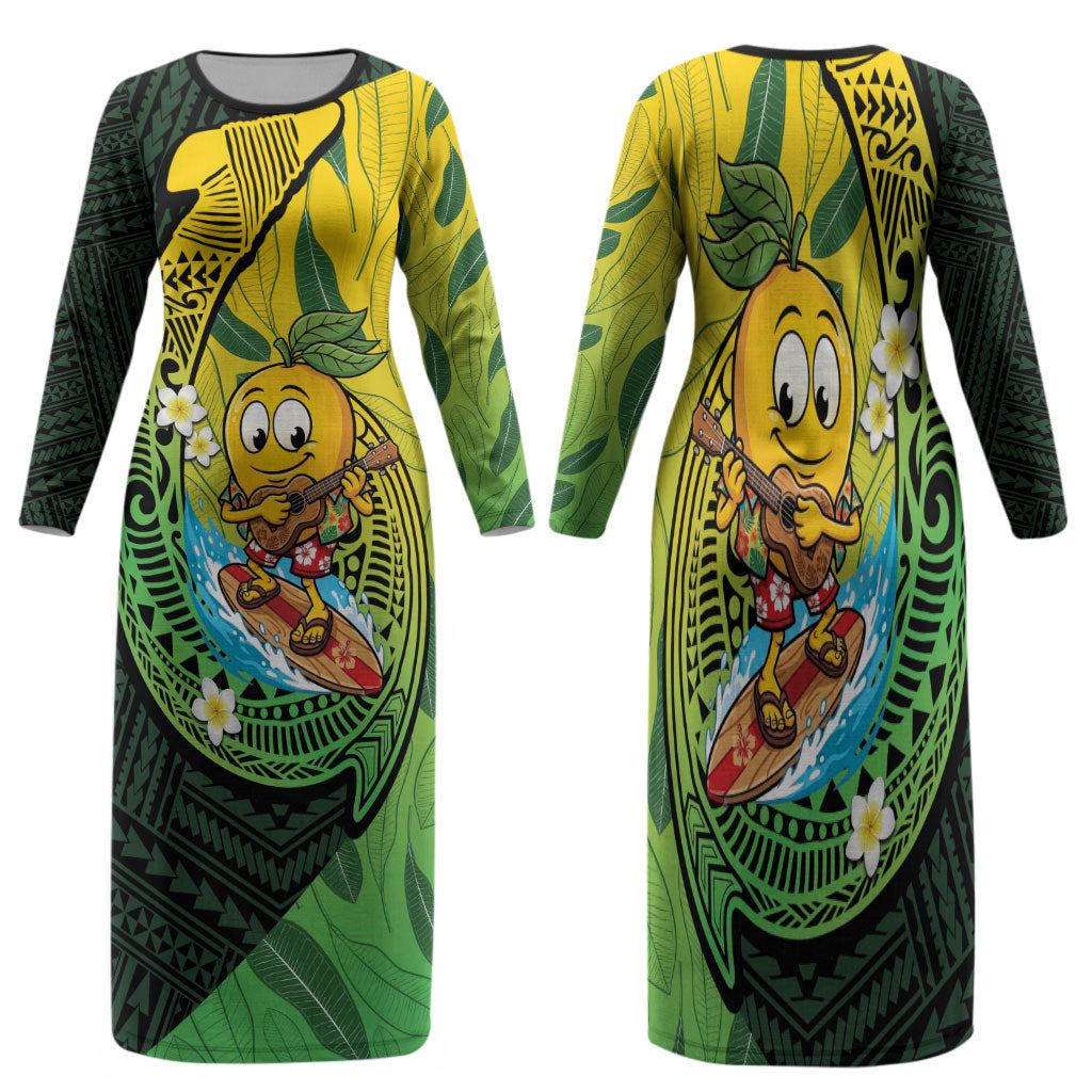 Hawaii Surfing Mango Family Matching Long Sleeve Bodycon Dress and Hawaiian Shirt Manako Polynesian Fish Hook