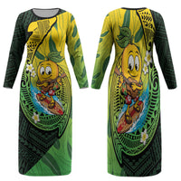 Hawaii Surfing Mango Family Matching Long Sleeve Bodycon Dress and Hawaiian Shirt Manako Polynesian Fish Hook