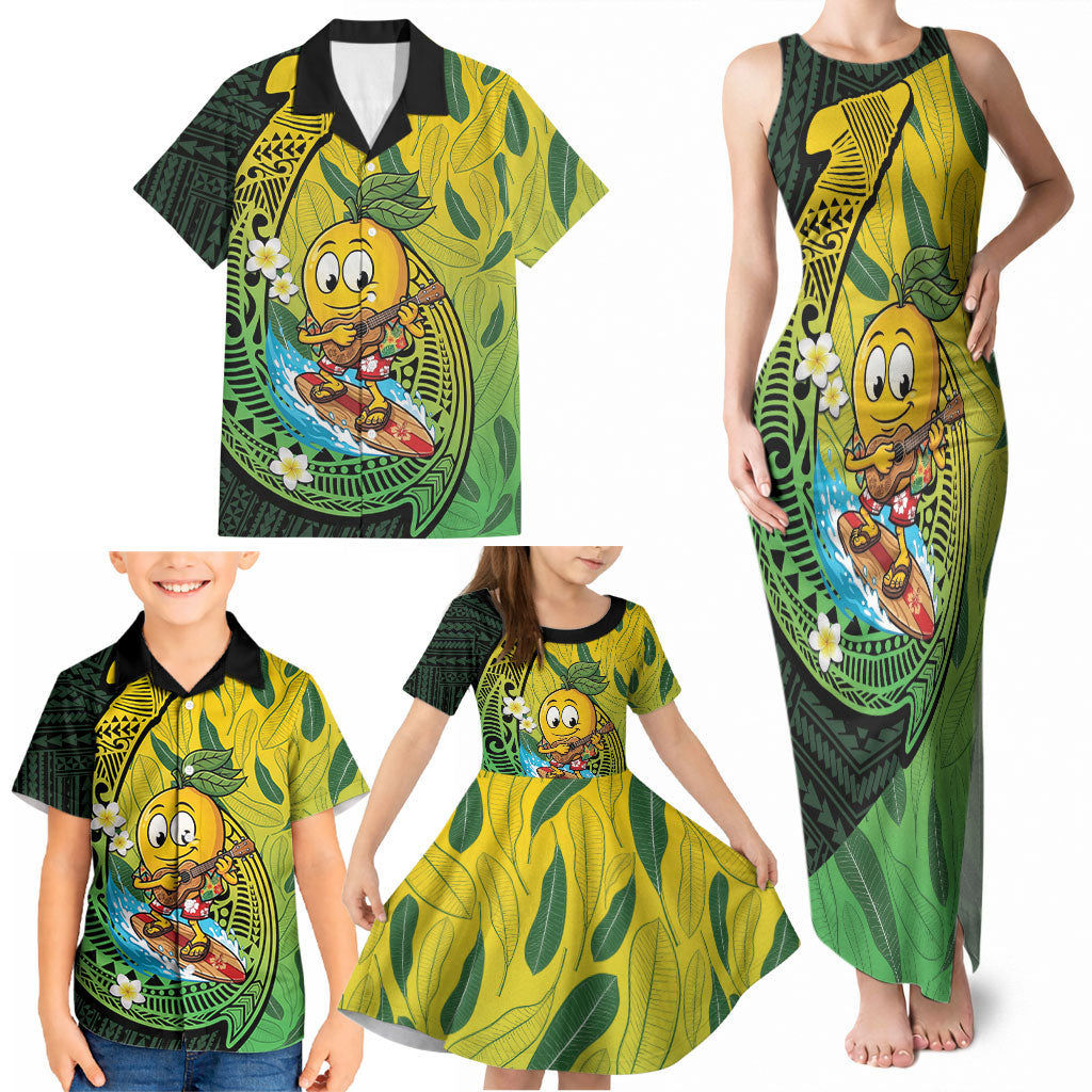 Hawaii Surfing Mango Family Matching Tank Maxi Dress and Hawaiian Shirt Manako Polynesian Fish Hook