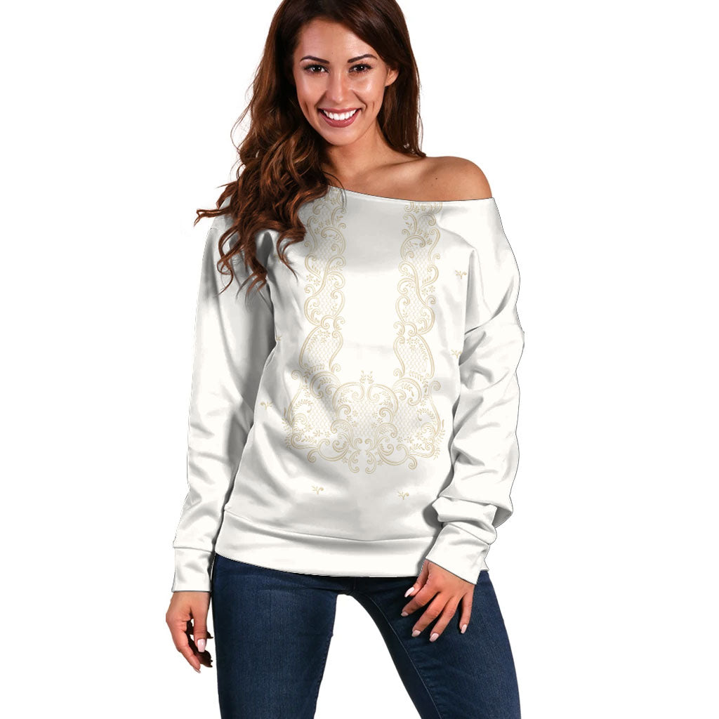 Philippines National Costume Off Shoulder Sweater Barong Tagalog Inspired Ivory White Color LT14 Women Ivory White - Polynesian Pride