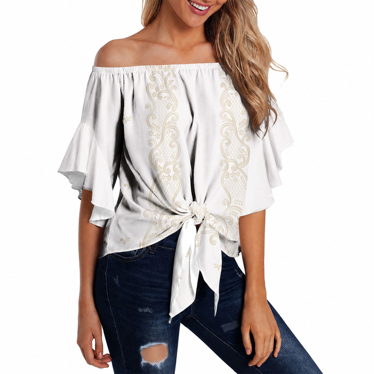 Philippines National Costume Off Shoulder Wrap Waist Top Barong Tagalog Inspired Ivory White Color LT14 Ivory White - Polynesian Pride