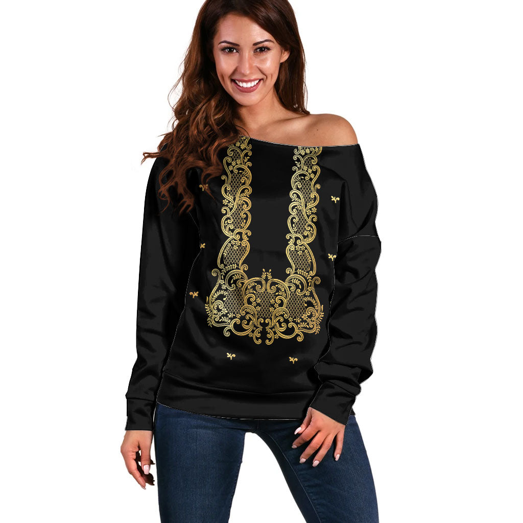 Philippines National Costume Off Shoulder Sweater Barong Tagalog Inspired Black Color LT14 Women Black - Polynesian Pride