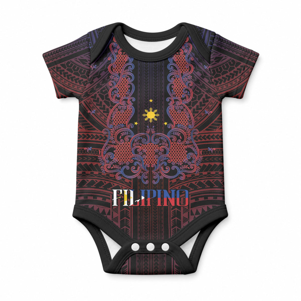 Filipino Barong Tagalog Inspired Personalised Baby Onesie Mabuhay Philippines Festival Polynesian Pattern