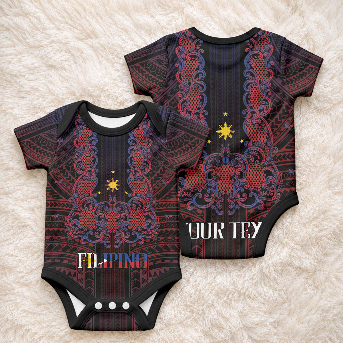 Filipino Barong Tagalog Inspired Personalised Baby Onesie Mabuhay Philippines Festival Polynesian Pattern