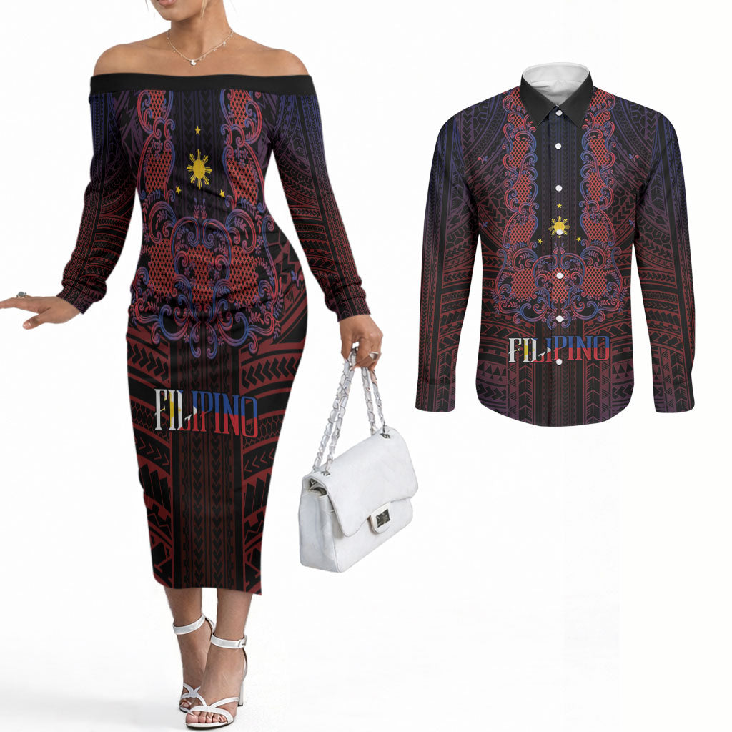 Filipino Barong Tagalog Inspired Personalised Couples Matching Off The Shoulder Long Sleeve Dress and Long Sleeve Button Shirt Mabuhay Philippines Festival Polynesian Pattern