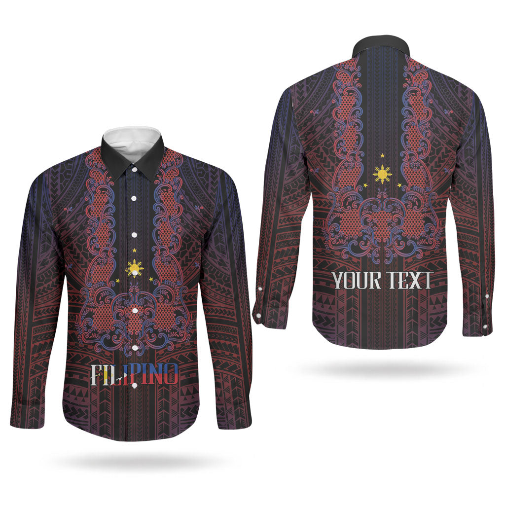 Filipino Barong Tagalog Inspired Personalised Couples Matching Off The Shoulder Long Sleeve Dress and Long Sleeve Button Shirt Mabuhay Philippines Festival Polynesian Pattern