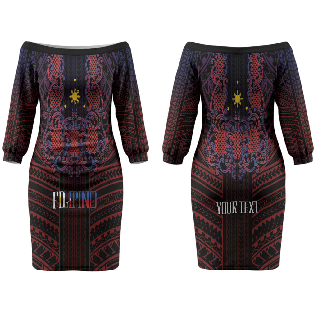 Filipino Barong Tagalog Inspired Personalised Couples Matching Off The Shoulder Long Sleeve Dress and Long Sleeve Button Shirt Mabuhay Philippines Festival Polynesian Pattern