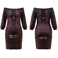 Filipino Barong Tagalog Inspired Personalised Couples Matching Off The Shoulder Long Sleeve Dress and Long Sleeve Button Shirt Mabuhay Philippines Festival Polynesian Pattern