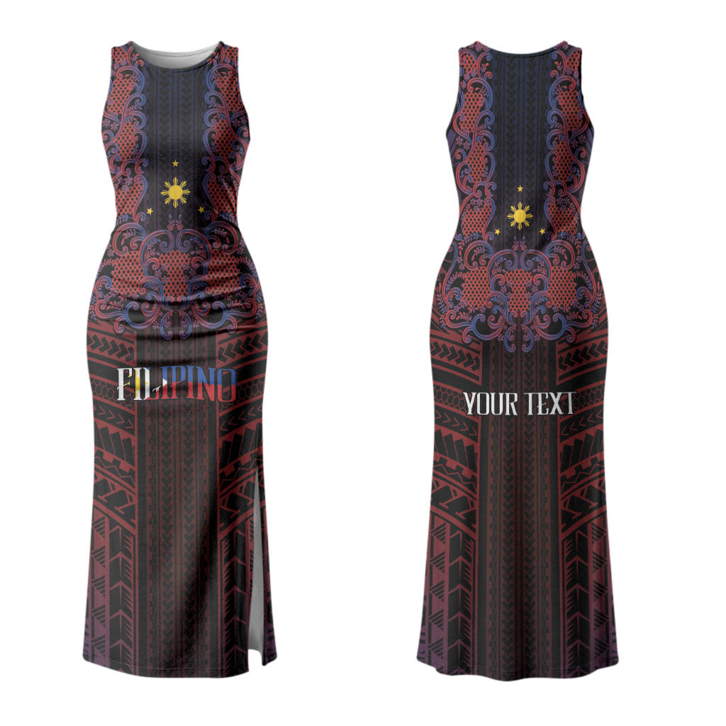 Filipino Barong Tagalog Inspired Personalised Couples Matching Tank Maxi Dress and Hawaiian Shirt Mabuhay Philippines Festival Polynesian Pattern
