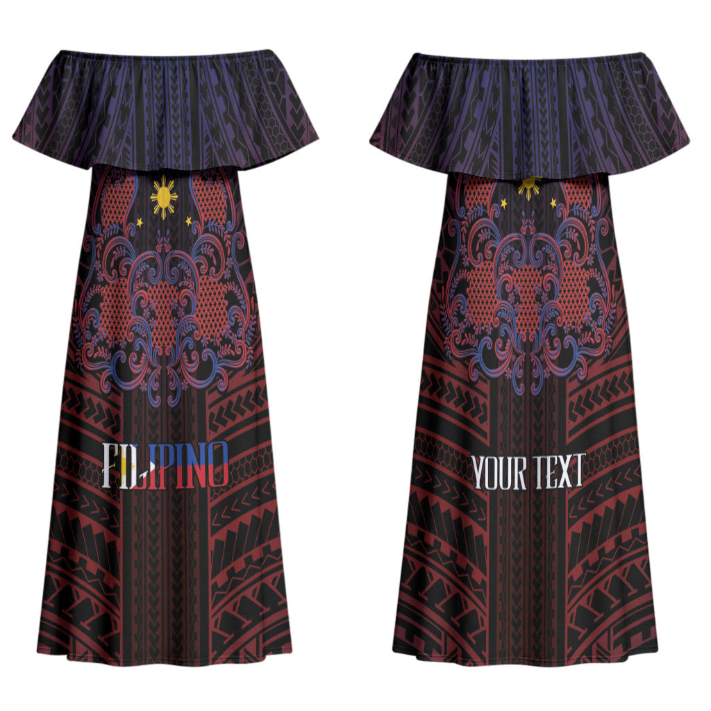 Filipino Barong Tagalog Inspired Personalised Family Matching Off Shoulder Maxi Dress and Hawaiian Shirt Mabuhay Philippines Festival Polynesian Pattern