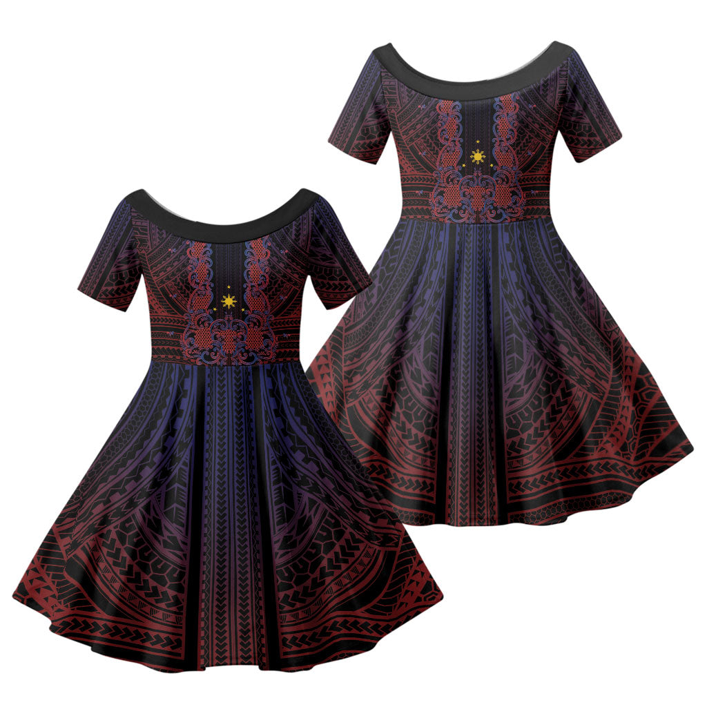 Filipino Barong Tagalog Inspired Personalised Family Matching Off Shoulder Maxi Dress and Hawaiian Shirt Mabuhay Philippines Festival Polynesian Pattern