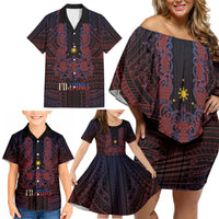 Filipino Barong Tagalog Inspired Personalised Family Matching Off Shoulder Short Dress and Hawaiian Shirt Mabuhay Philippines Festival Polynesian Pattern