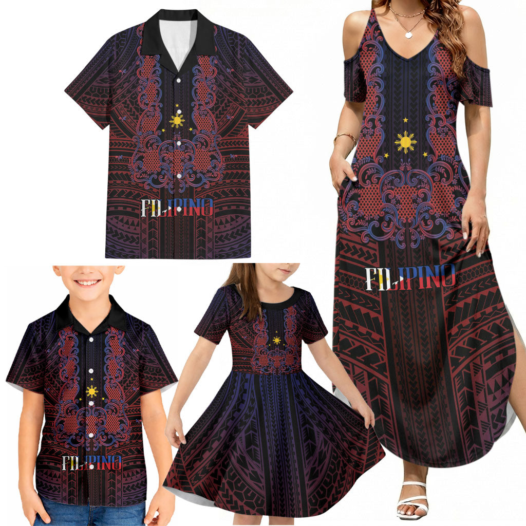 Filipino Barong Tagalog Inspired Personalised Family Matching Summer Maxi Dress and Hawaiian Shirt Mabuhay Philippines Festival Polynesian Pattern