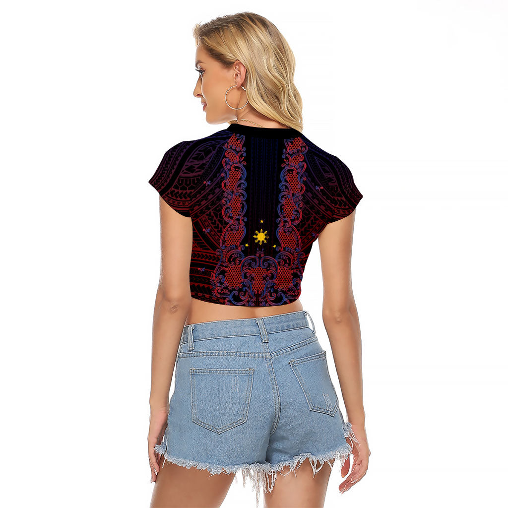 Filipino Barong Tagalog Inspired Personalised Raglan Cropped T Shirt Mabuhay Philippines Festival Polynesian Pattern
