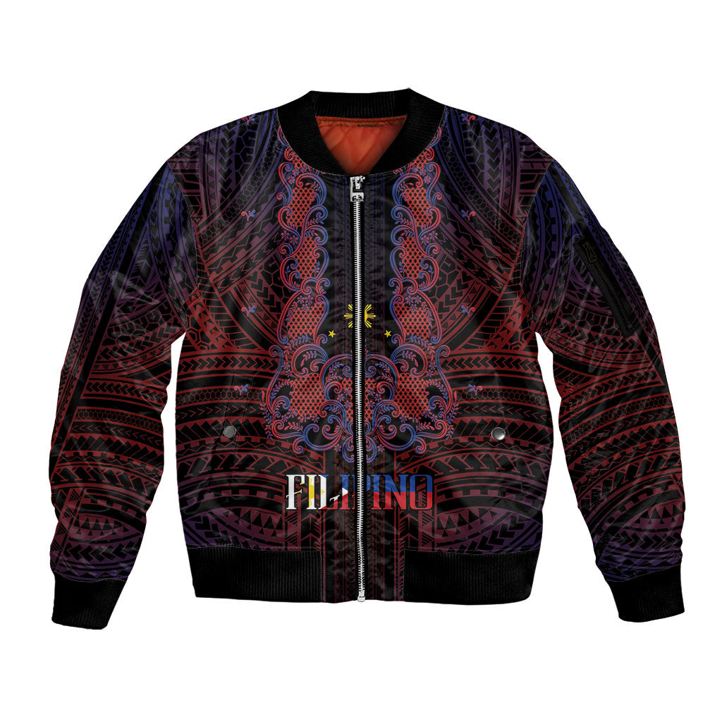 Filipino Barong Tagalog Inspired Personalised Sleeve Zip Bomber Jacket Mabuhay Philippines Festival Polynesian Pattern