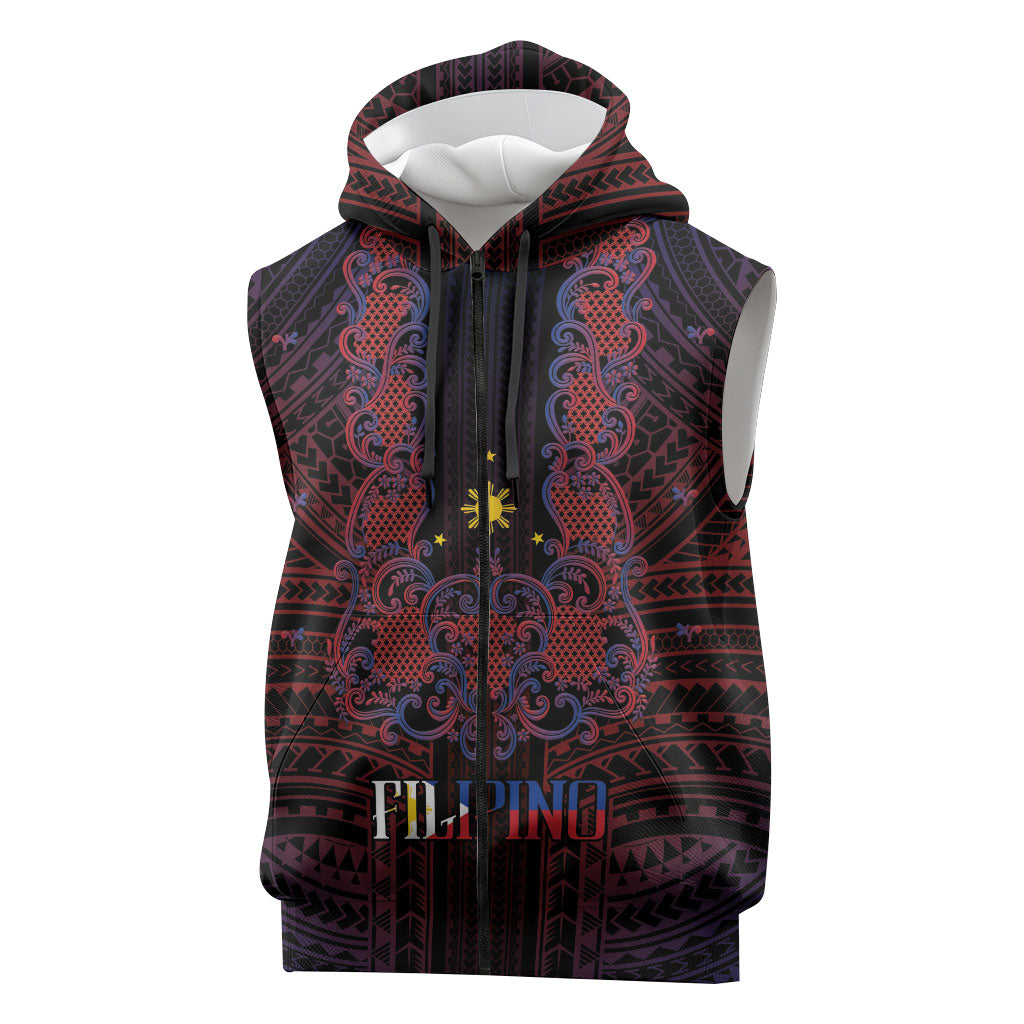 Filipino Barong Tagalog Inspired Personalised Sleeveless Zip Hoodie Mabuhay Philippines Festival Polynesian Pattern