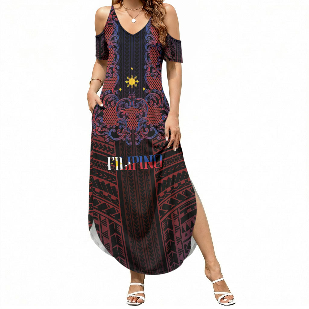 Filipino Barong Tagalog Inspired Personalised Summer Maxi Dress Mabuhay Philippines Festival Polynesian Pattern