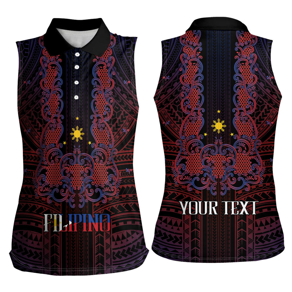 Filipino Barong Tagalog Inspired Personalised Women Sleeveless Polo Shirt Mabuhay Philippines Festival Polynesian Pattern
