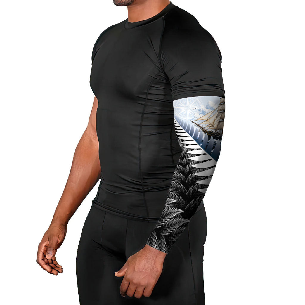 Personalised New Zealand Pakeha Arm Sleeves Kiwi Silver Fern and Sailing Ship Compass