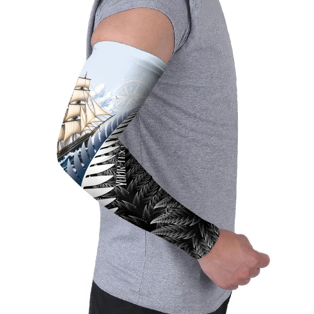 Personalised New Zealand Pakeha Arm Sleeves Kiwi Silver Fern and Sailing Ship Compass