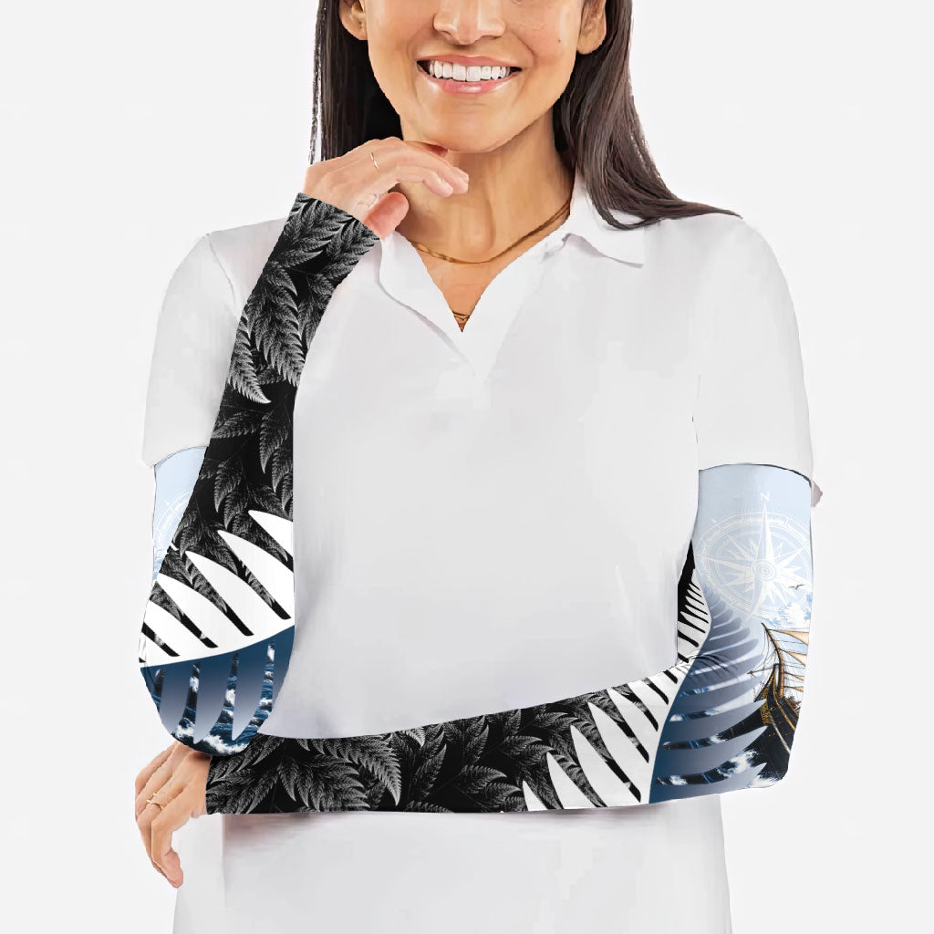 Personalised New Zealand Pakeha Arm Sleeves Kiwi Silver Fern and Sailing Ship Compass
