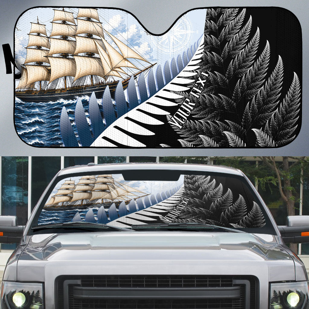 Personalised New Zealand Pakeha Auto Sun Shade Kiwi Silver Fern and Sailing Ship Compass