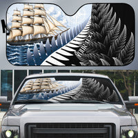 Personalised New Zealand Pakeha Auto Sun Shade Kiwi Silver Fern and Sailing Ship Compass