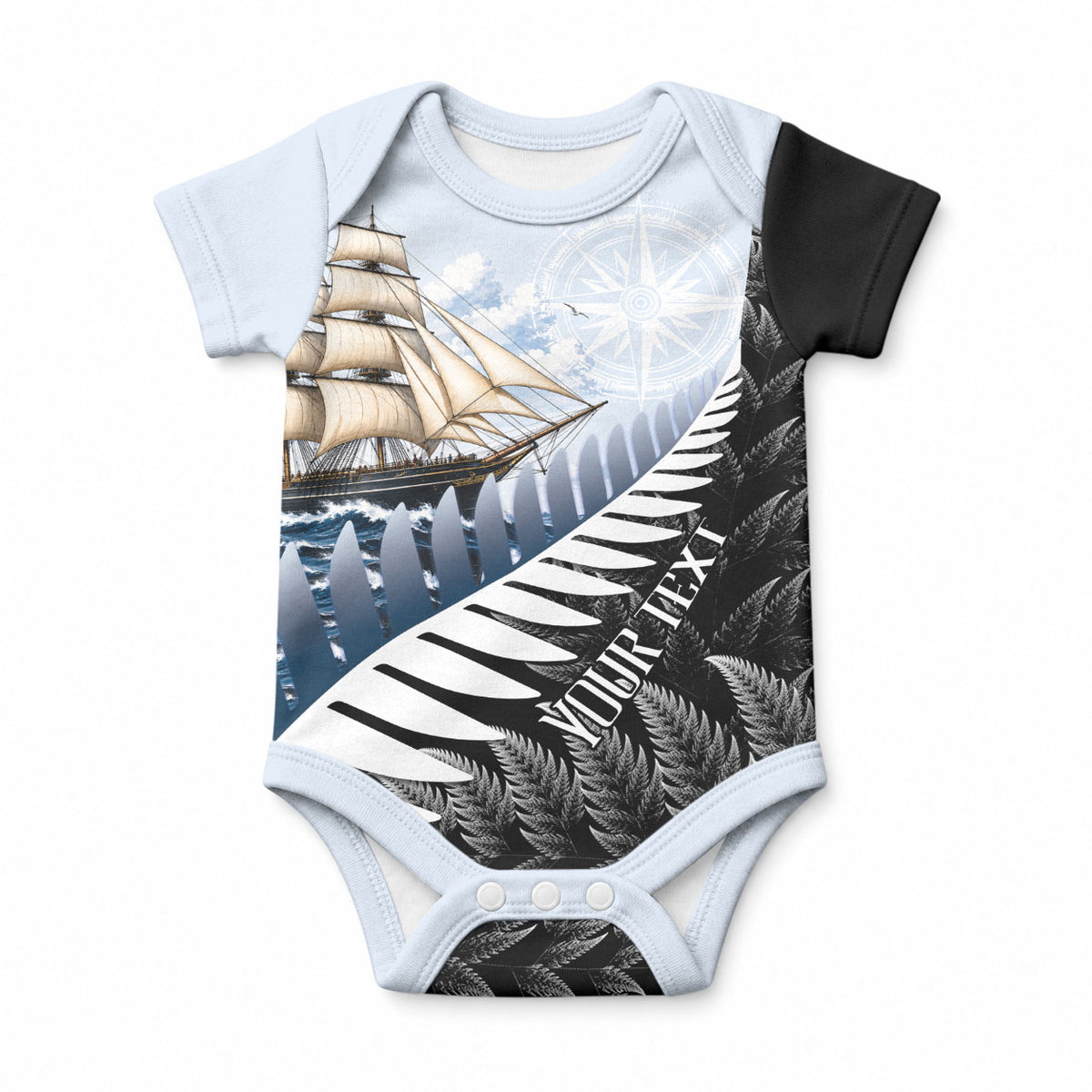 Personalised New Zealand Pakeha Baby Onesie Kiwi Silver Fern and Sailing Ship Compass