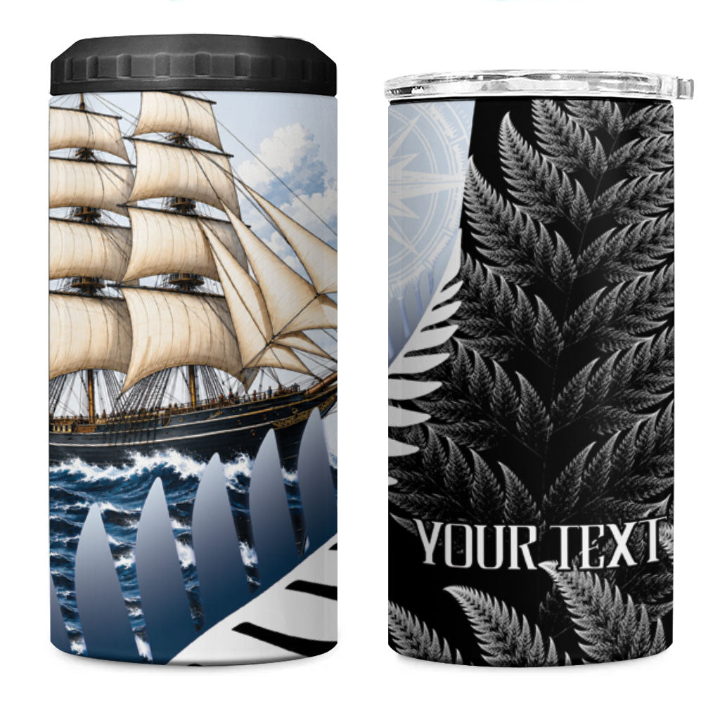 Personalised New Zealand Pakeha 4 in 1 Can Cooler Tumbler Kiwi Silver Fern and Sailing Ship Compass
